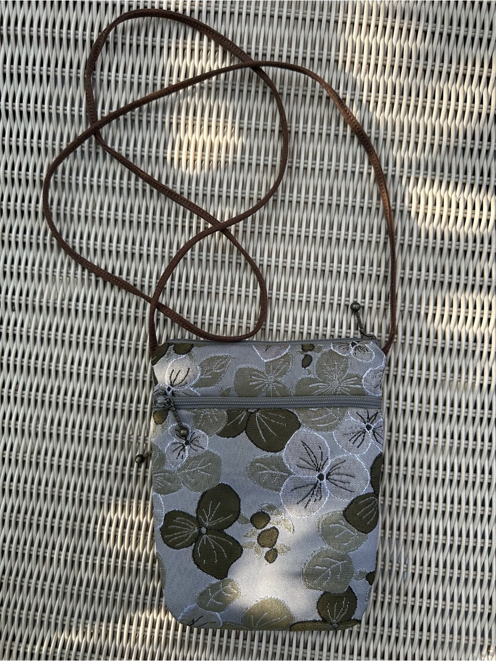 Olive Green Floral Embroidered Crossbody Bag with Brown Strap